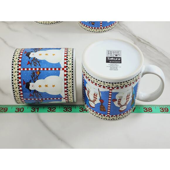 Oneida Sakura Coffee Mug Tea Cup Snowman 3 1/2" Debbie Mumm Stoneware x4 Vintage - Picture 11 of 12
